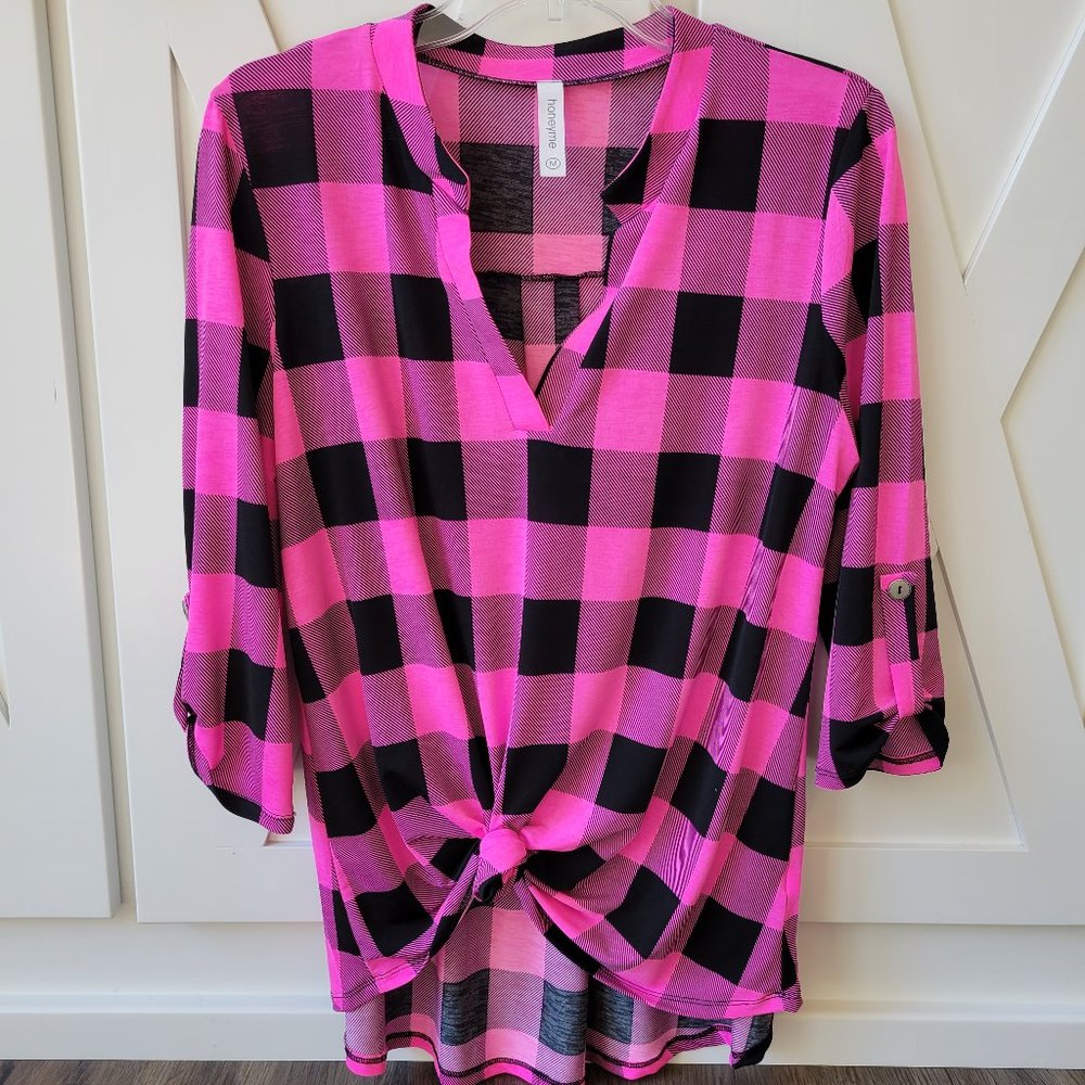 HONEYME BUFFALO CHECK GABBY TOP - HOT PINK - MEDIUM